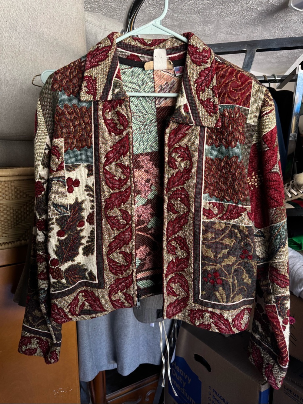 Patchwork Tapestry Blazer Jacket - Burgundy Multi